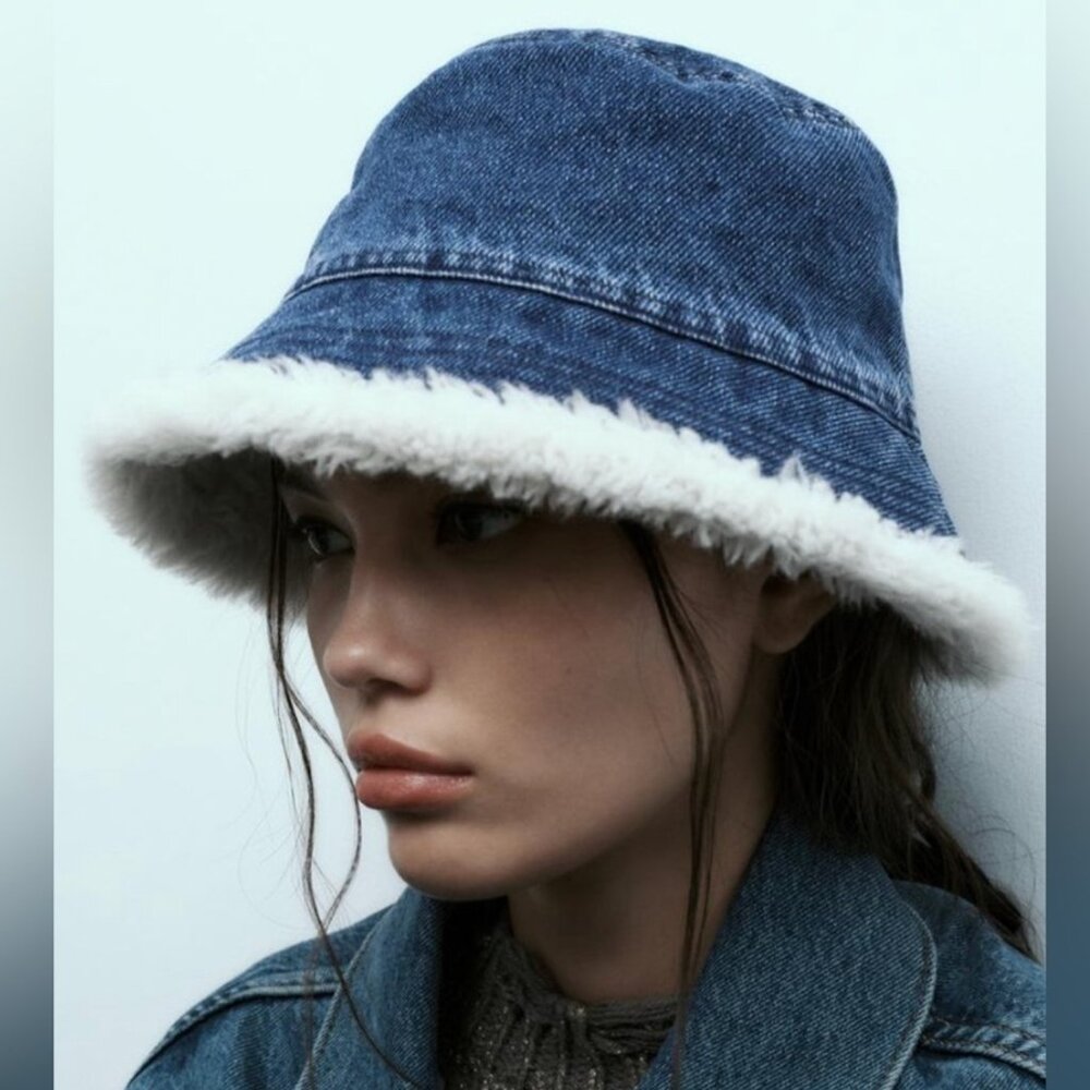 ZARA Denim Faux Fur Bucket Hat